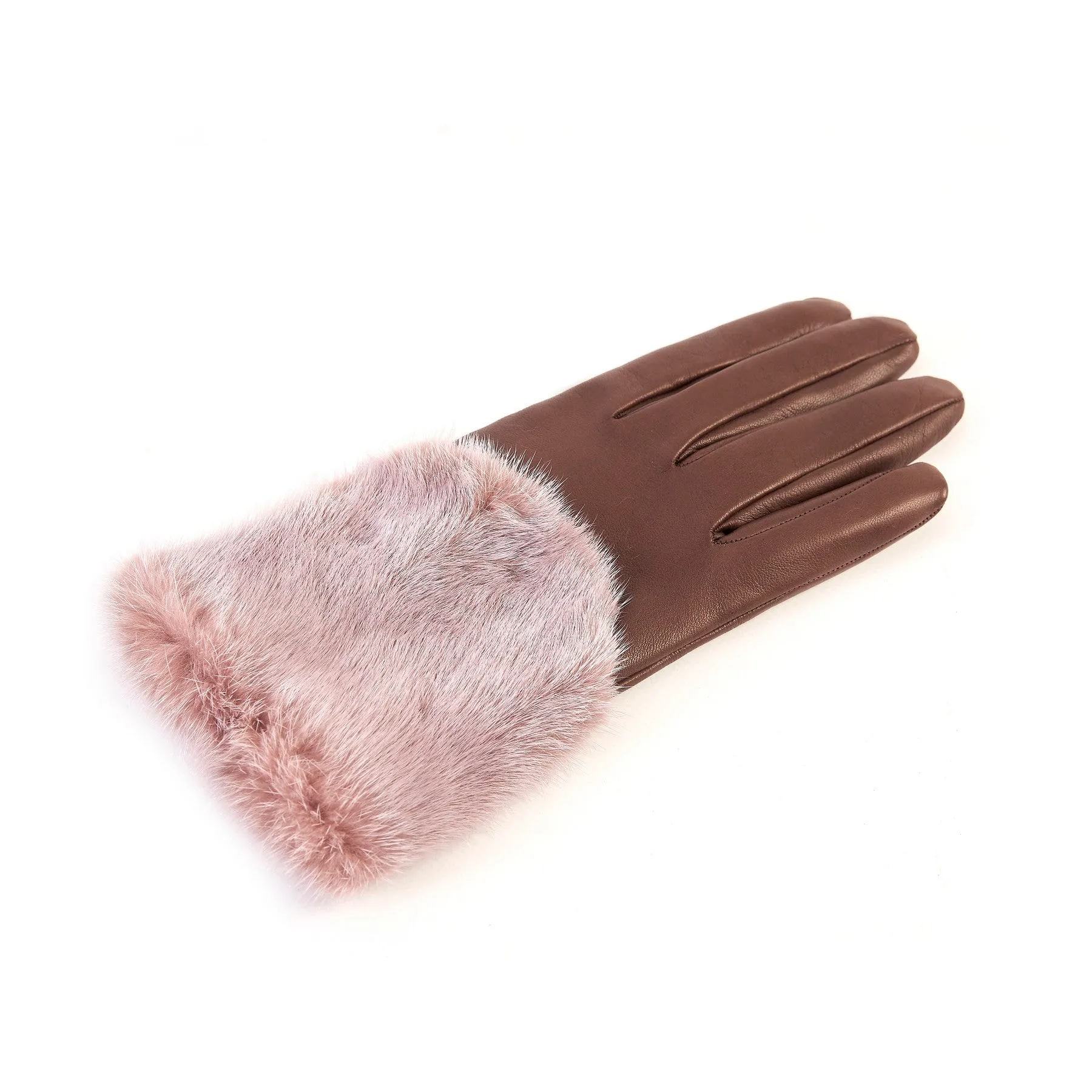 Women's tan nappa leather gloves with a wide real fur panel on the top and cashmere lined